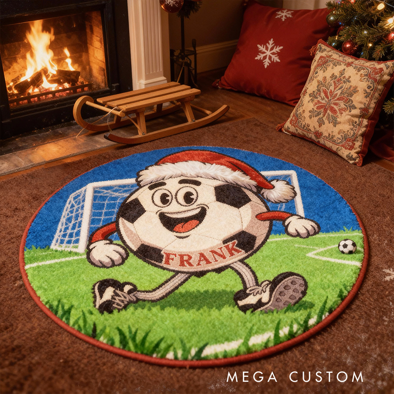 Personalized Christmas Soccer Rug with Custom Name and Festive Design