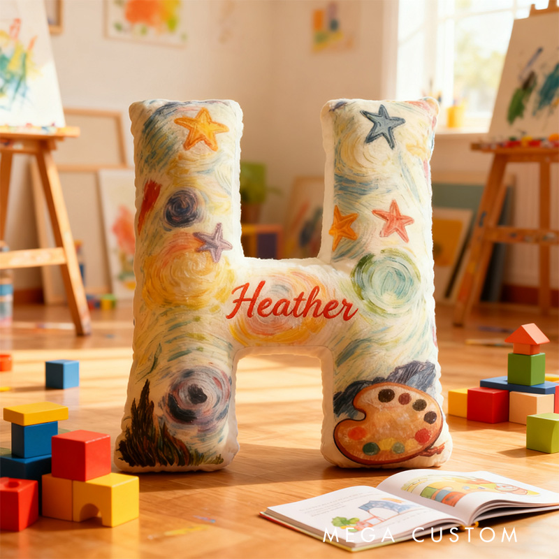 Personalized Graphic 3D Print Van Gogh Inspired Moonlight Night Alphabet Shaped Pillow for Art Lovers Initial Pillow Christmas Gift for Kids