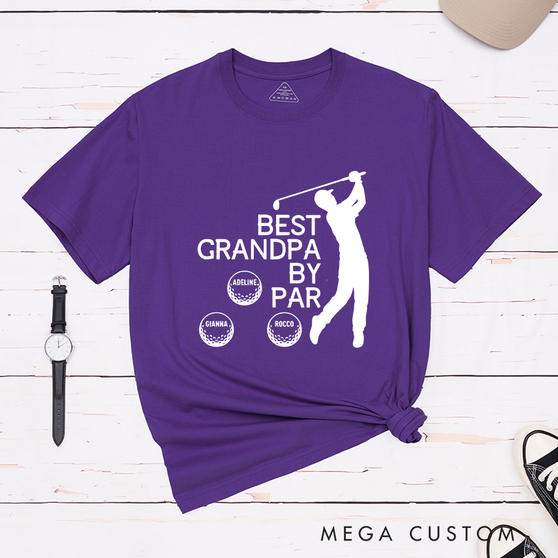 Personalized "Best Grandpa or Papa by Par" T-Shirt with Custom Grandkid Names, Perfect Gift for Golf-Loving Grandpas and Papas