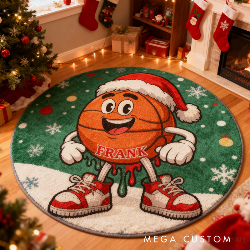 Personalized Christmas Basketball Rug with Custom Name and Festive Design