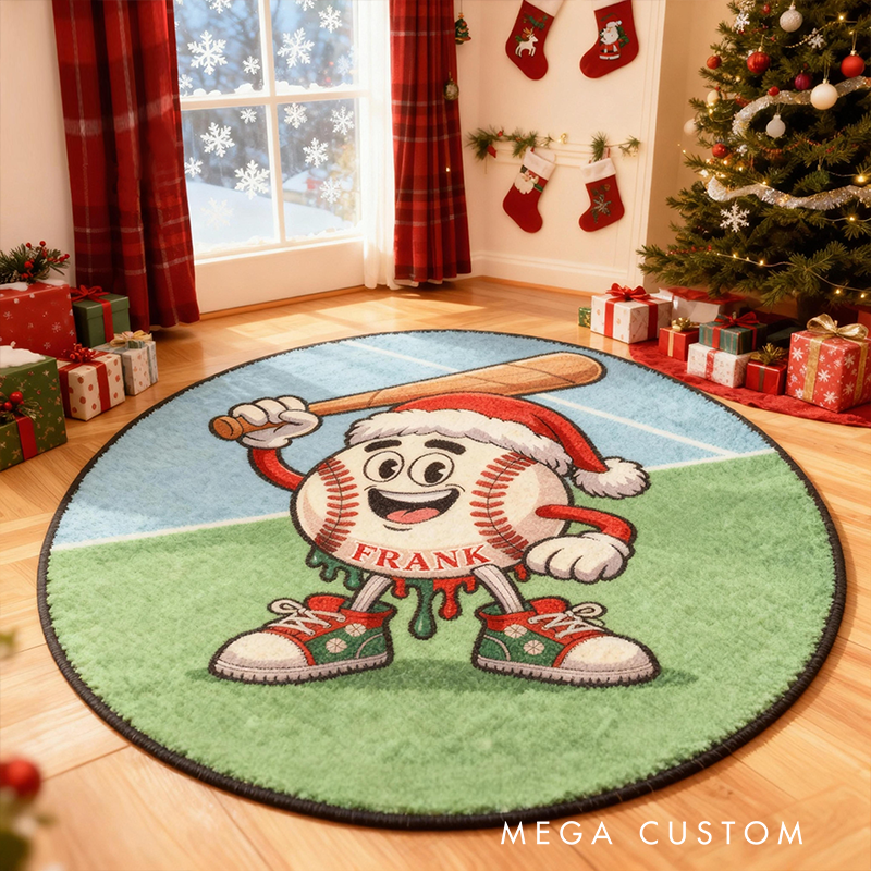 Personalized Christmas Baseball Rug with Custom Name and Festive Design