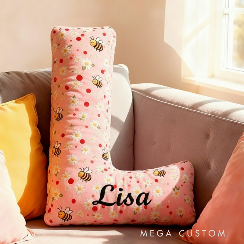 Personalized Letter Pillow with Name Graphic 3D Print Floral Bee Custom Double Sided Pillow Gift for Kids Gardening Lovers Gift