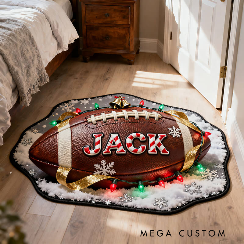 Personalized Football Christmas Rug with Custom Name and Festive Design