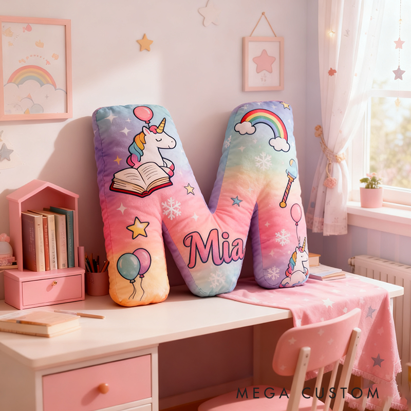 Personalized Gradient Letter Pillow with Unicorn Stars Moon Balloons and Whimsical Fairytale Magic Inspired Graphic 3D Print Pillow Christmas Gift