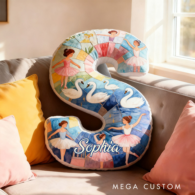 Personalized Graphic 3D Fantacy Swan Ballet Alphabet Shaped Pillow for Dance Lovers Initial Pillow Christmas Gift for Kids