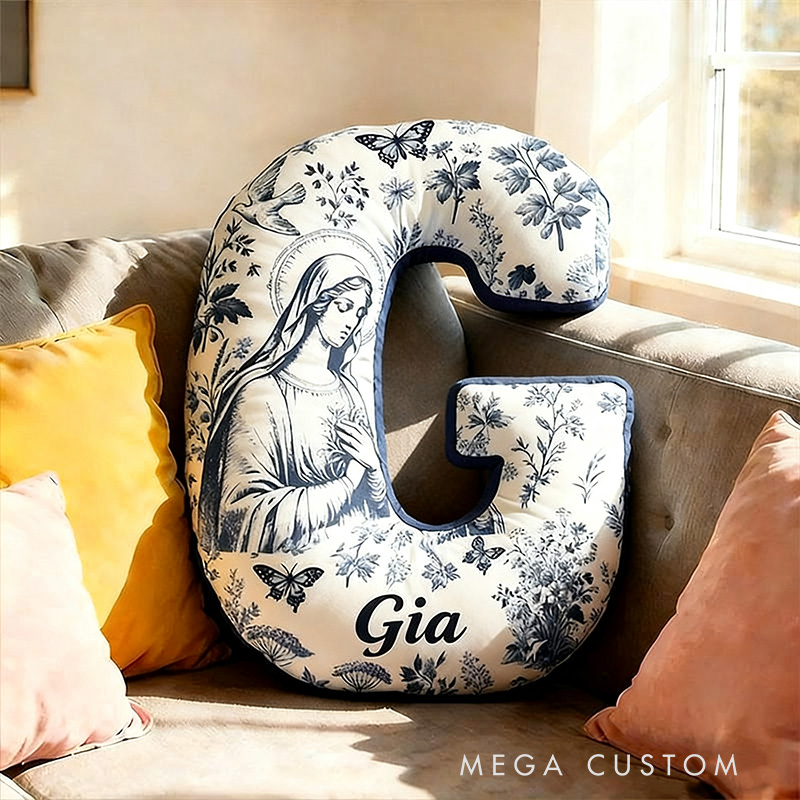 Personalized Catholic Virgin Mary Toile Letter Pillow with Name Home Decor Our Lady Pillow Vintage Floral Marian Pillow Christian Gift for Women