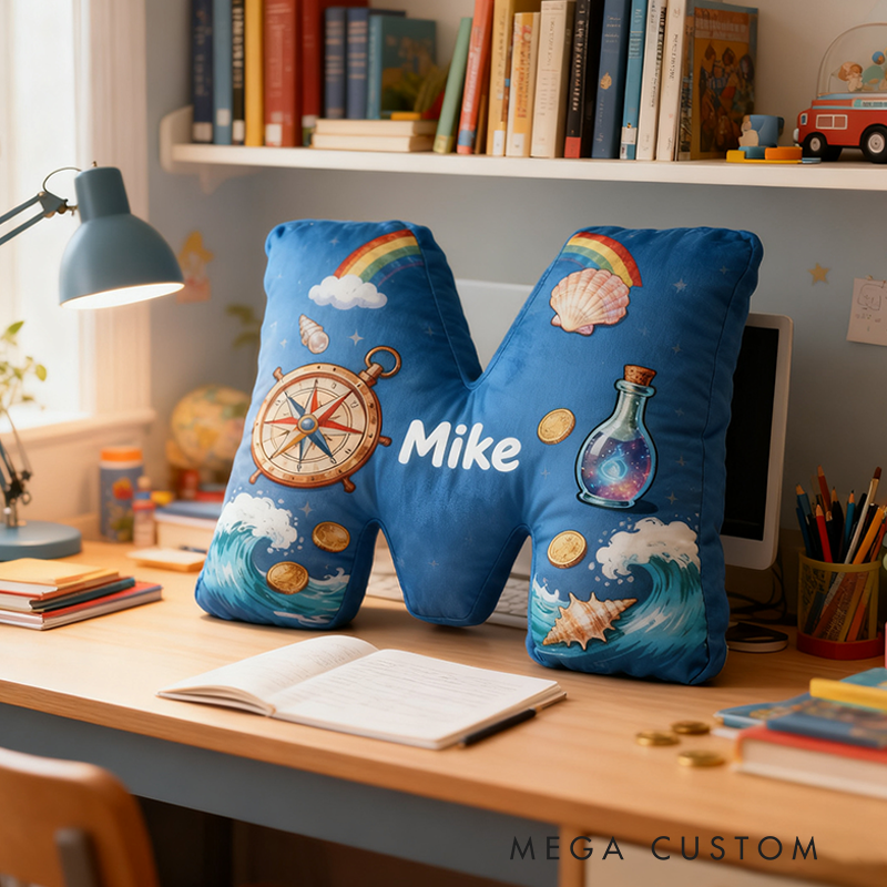 Personalized Nautical Adventure Pillow with Compass Waves Rainbow Shells Gold Coins and Magic Bottle Design Graphic 3D Print Pillow