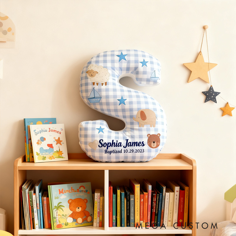 Personalized Woodland Animals Baptism Letter Pillow with Custom Name Kid Room Decor Christian Gift Baby Boy Gift Baptism Gift Graphic 3D Print Pillow