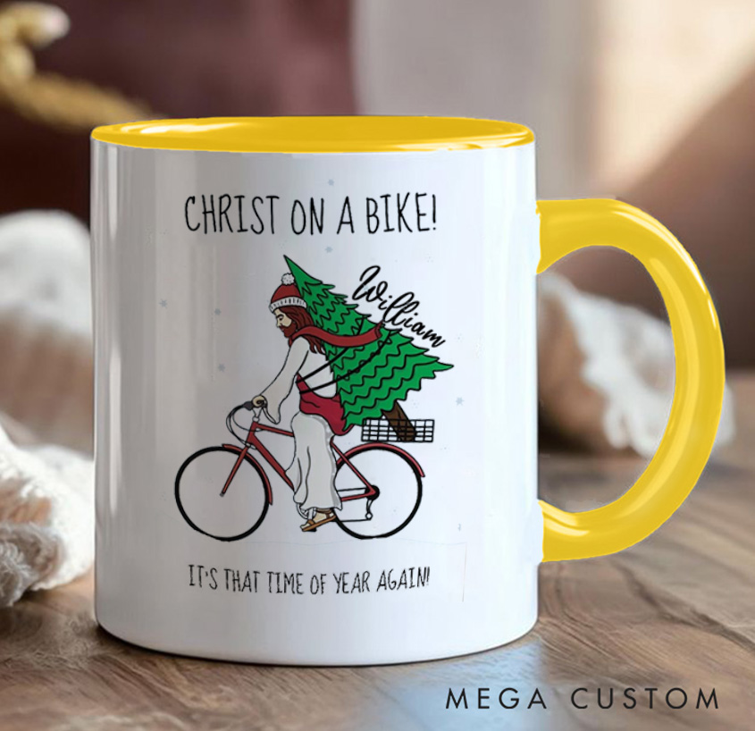 Personalized Christ on A Bike Coffee Mug Funny Bicycle Gift Lover Christmas Bicycles Mug Cyclist Gift Mountain Biker Gift Cycling Bike Gift Bicyclist Mug Colour Options Available