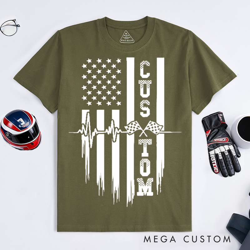 Personalized Racing T Shirt Custom Text Heartbeat Checkered Flag American Flag Tee for Racing and Car Lovers