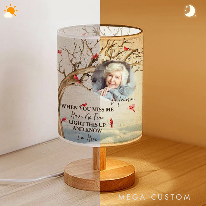 Personalized Cardinal Photo Flaxen Fabric Table Lamp with Name and Text Home Decor Christmas Memorial Gift for Family