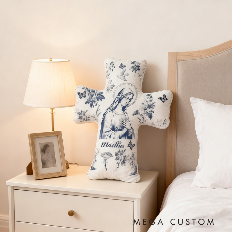 Personalized Catholic Virgin Mary Toile Cross Pillow with Custom Name Home Decor Our Lady Pillow Vintage Floral Marian Pillow Christian Gift for Women