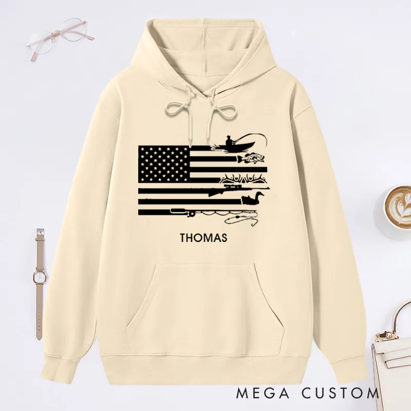 Personalized Fishing Hoodie American Flag Hunting and Fishing Sweatshirt Custom Name  Ideal for Anglers and Outdoor Enthusiasts