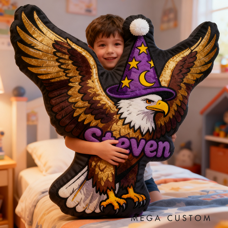 Personalized Eagle Shaped Pillow with Golden Wings Wizard Hat Moon Stars and Magical Design Graphic 3D Print Pillow