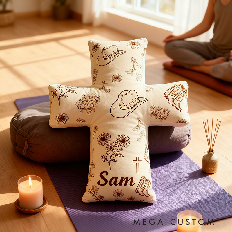 Personalized Rustic Cross Pillow with Custom Name Home Decor Vintage Cowboy Hat Boot Flower Pillow Religious Christian Gift