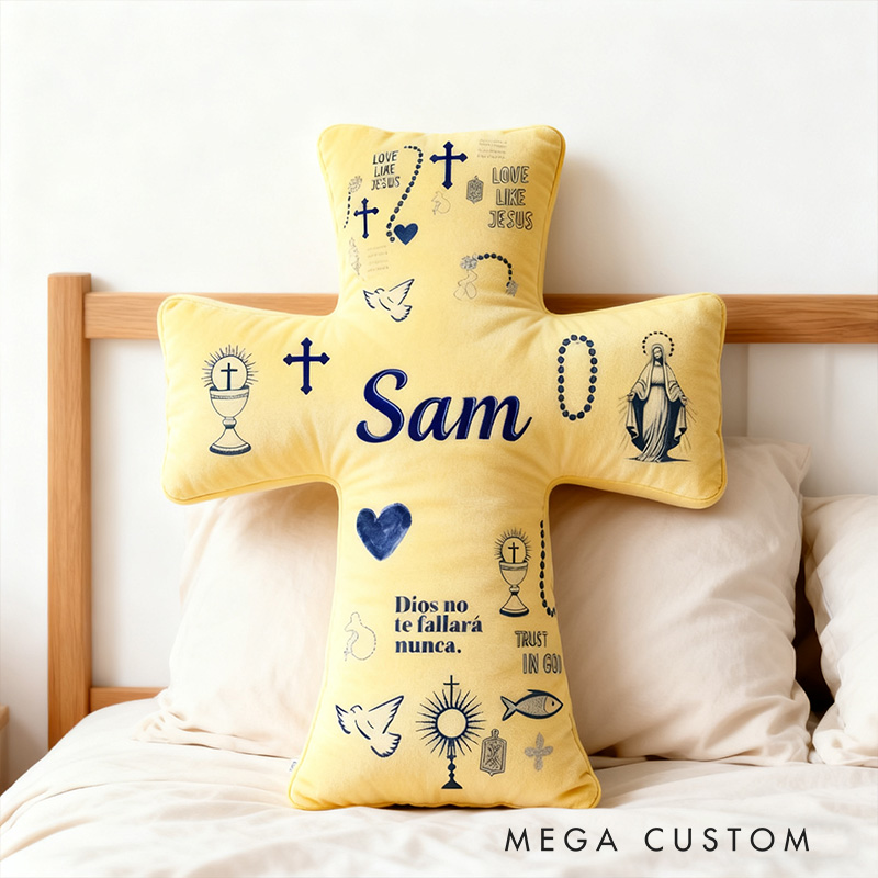 Personalized God will Never Fail You Cross Pillow with Custom Name Home Decor Virgin Mary Cross Chalic Dove and Fish Pillow Religious Gift for Her