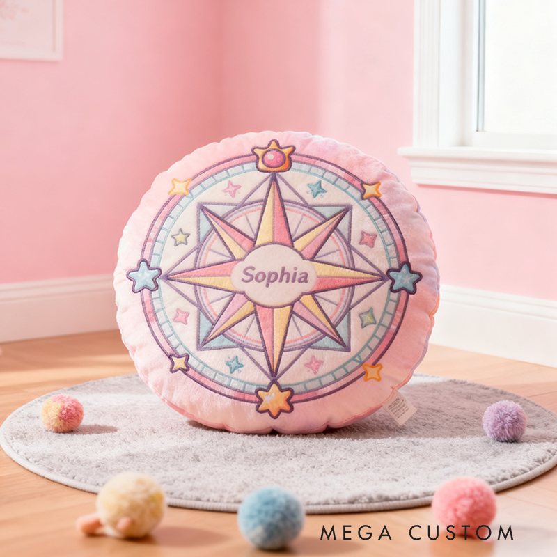 Personalized Round Pink Christmas gift Pillow with Star Compass Pastel Colors Magical Design and Cute Decorative Elements Graphic 3D Print Pillow