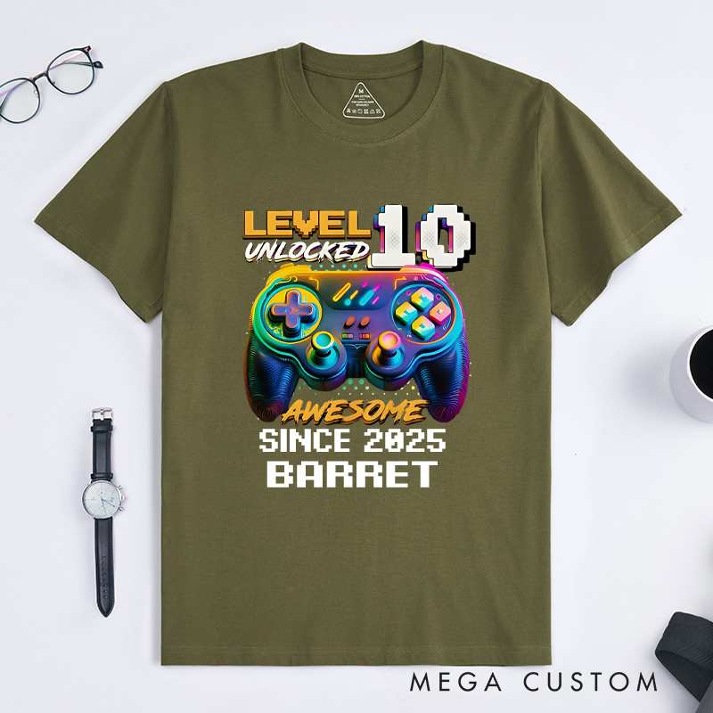 Personalized Level 10 Unlocked Shirt Funny Video Game Gamer T-Shirt for Teenager Boys and Girls Gift for Game Geek