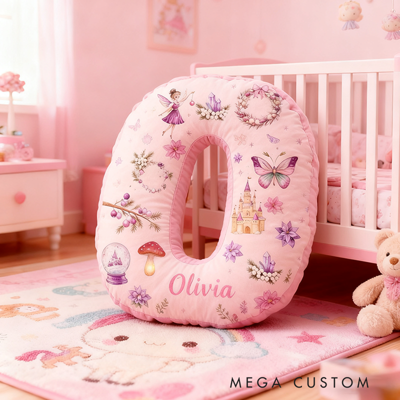 Personalized 26 Letters Pillow with Castles Butterflies Flowers Snow Globes Lanterns and Whimsical Pastel Fairy Tale Design Graphic 3D Print Pillow