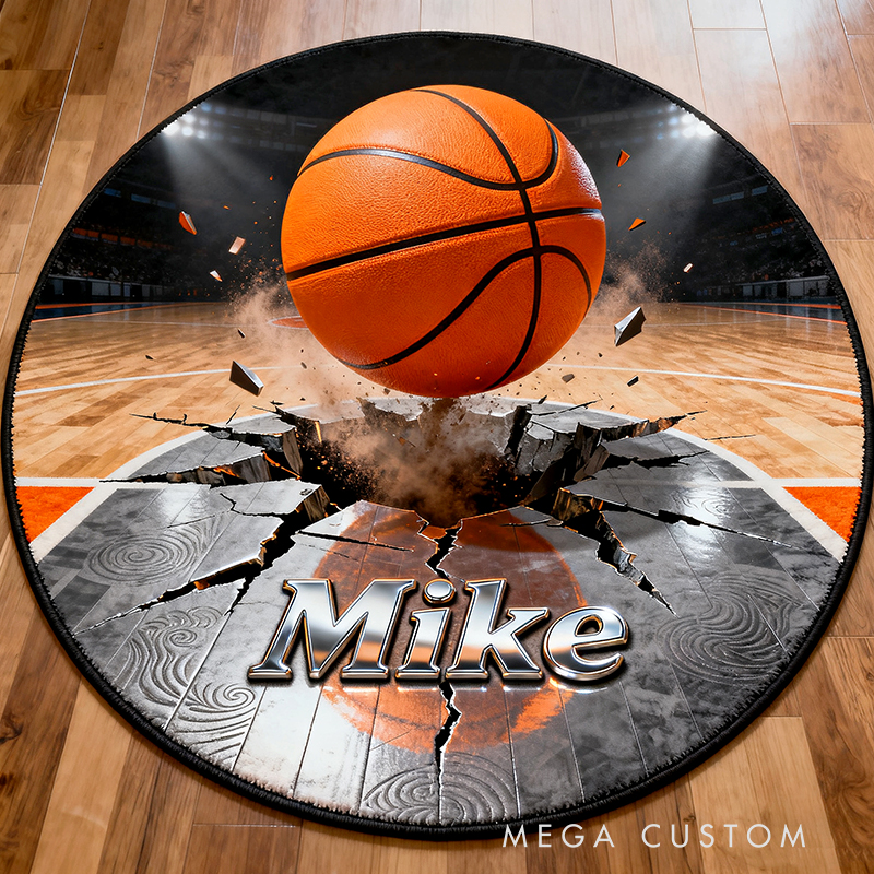 Personalized Basketball Rug with Cracked Court Design Dynamic 3D Effects and Custom Name