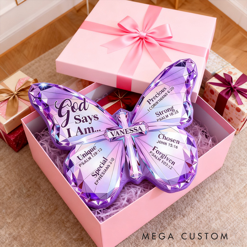 Personalized Butterfly of Grace God Says I am Pillow with Custom Name Kid Room Decor Purple Butterfly Pillow Religious Gift for Kid Affirmation Gift