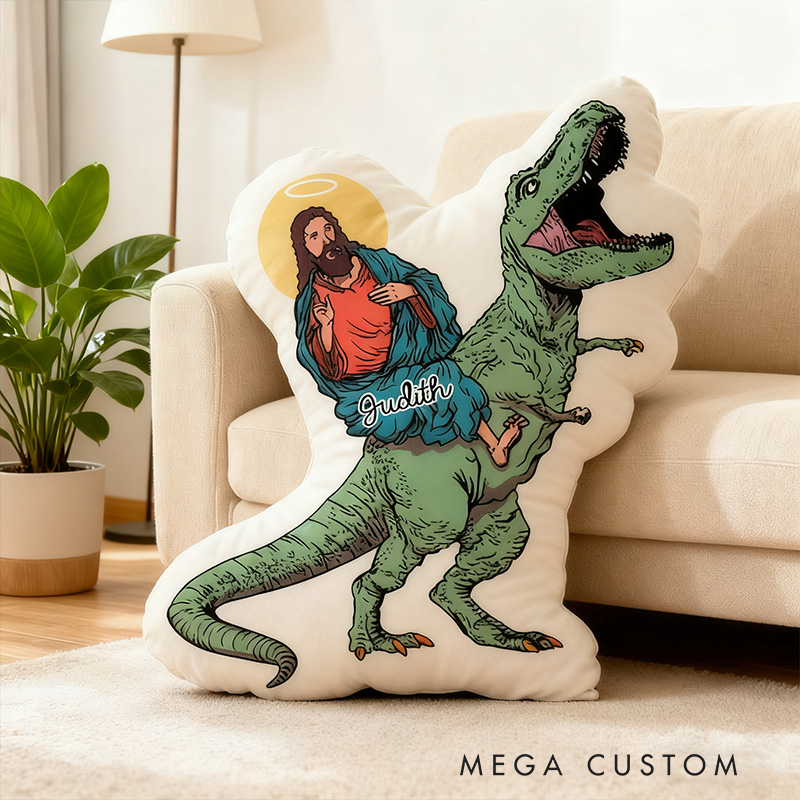 Personalized Funny Jesus Riding T-Rex Dinosaur Pillow with Custom Name Kid Room Decor Sarcastic Religious Gift for Kids Graphic 3D Print Pillow