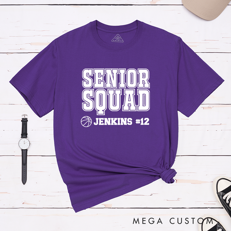 Personalized Senior Squad T-Shirt with Basketball Theme, Name and Number Customization