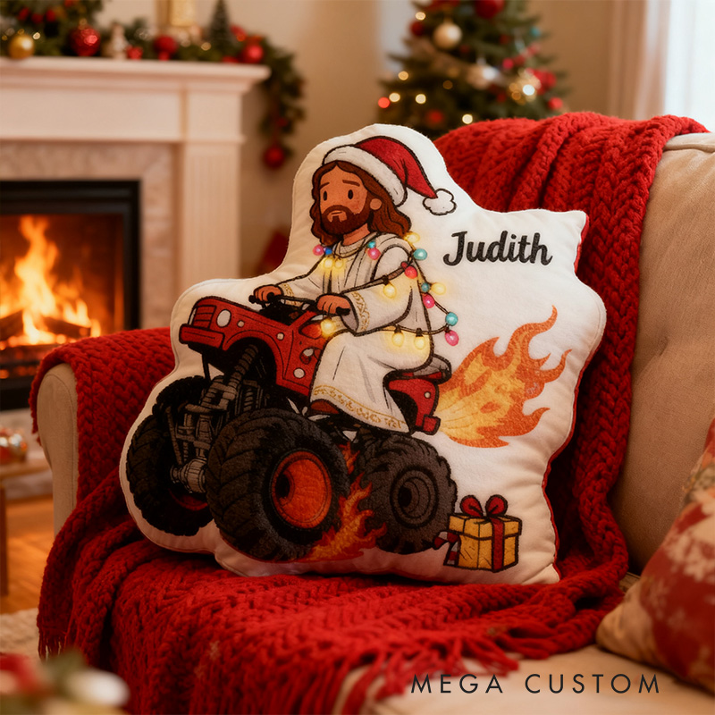 Personalized Funny Jesus Riding Truck Christmas Pillow with Custom Name Kid Room Decor Sarcastic Religious Gift for Kids Graphic 3D Print Pillow