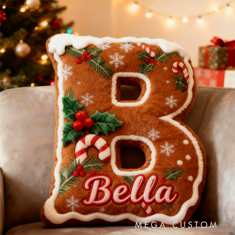 Personalized Gingerbread Man Initials with Name Graphic 3D Print Pillow Christmas Gift for Kids Birthday Gift
