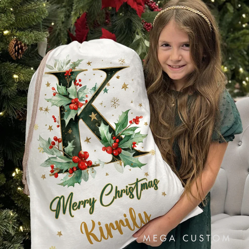 Personalized Holly Initial Canvas Drawstring Gift Bag with Name Christmas Gift for Friends Family