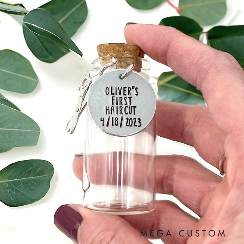 Personalized First Haircut Keepsake Personalized Jar with Date Glass with Cork Scissors Charm for First Lock of Hair Cut Sentimental Gift 