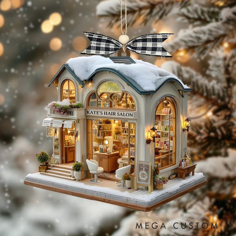 Personalized Hair Salon Stylist Shop with Snowy Roof & Lights Custom Name Year Gift for Her for Him