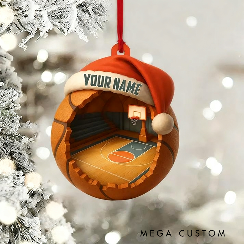 Personalized Basketball Christmas Ornament with Custom Name and Santa Hat Design