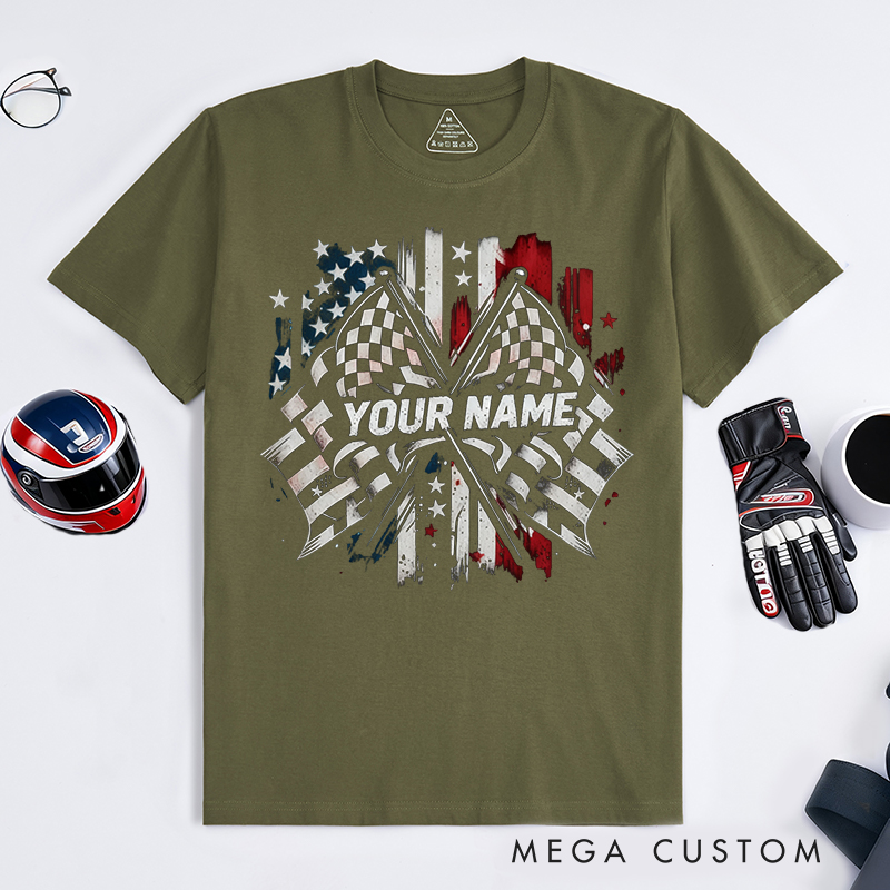 Personalized Racing Flag T-Shirt Custom Name Classic Motorsport Tee with Flag Design for Car Lovers