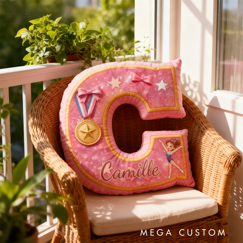 Personalized Graphic 3D Print Gliiter Style Sweet Gymnastic Alphabet Shaped Pillow for Gymnastic Lovers Initial Pillow Christmas Gift for Kids