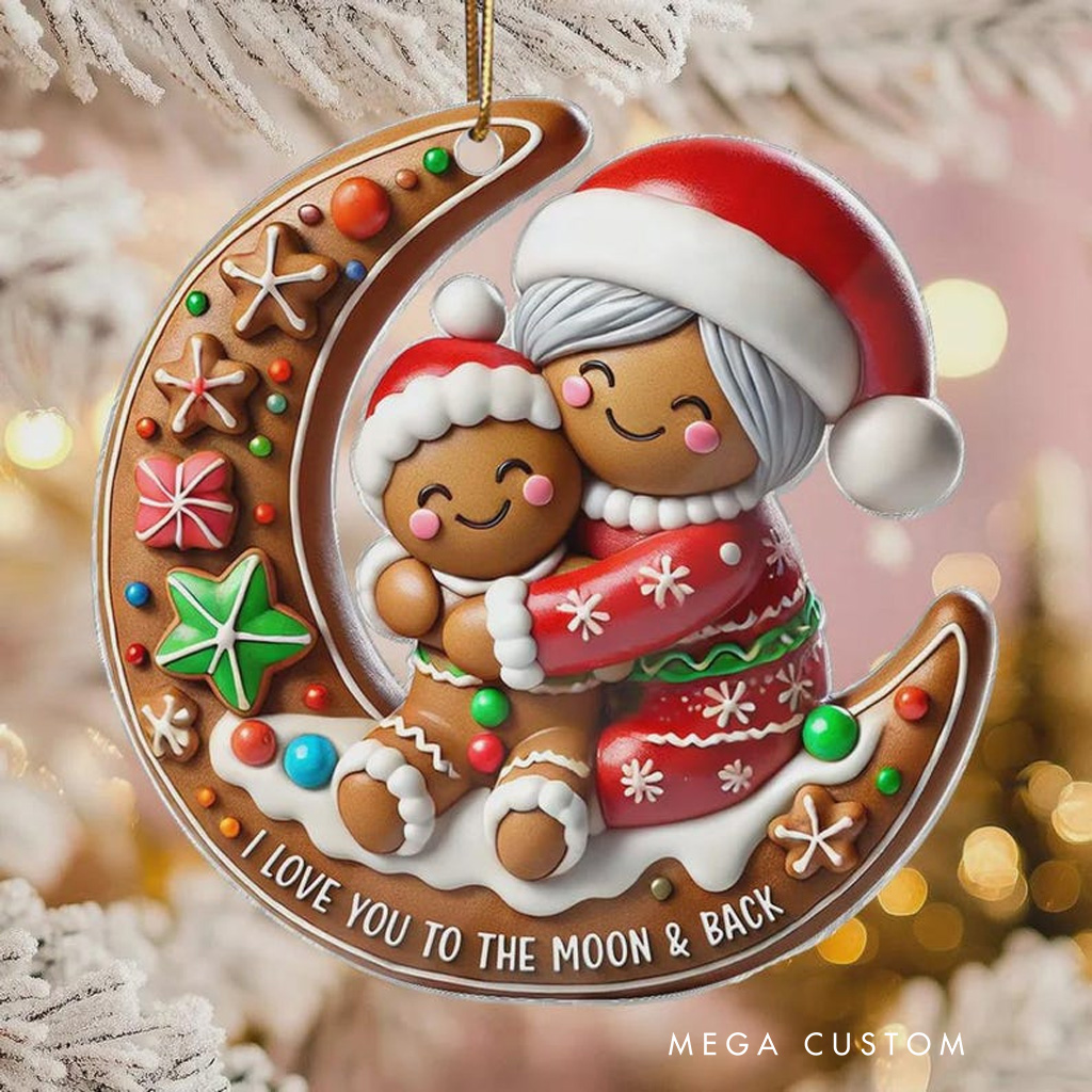 Personalized I Love You to the Moon and Back Christmas Ornament Gingerbread Grandma and Grandchild Moon Ornament for Family Acrylic Christmas Keepsake Baking Lover Christmas Gift