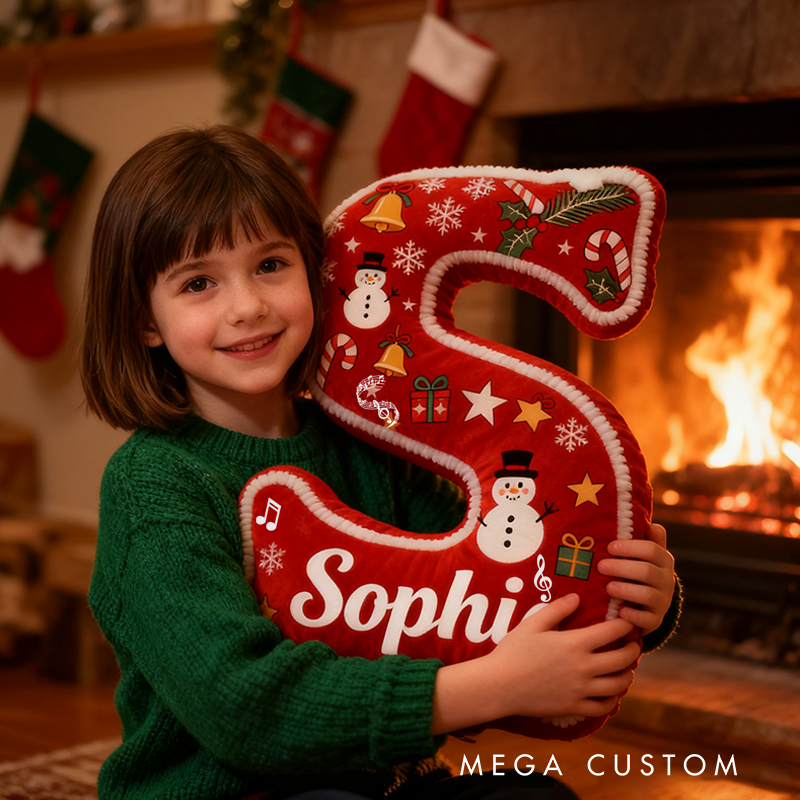 Personalized Name Festive Christmas Letter Pillow Red and Green Design Snowflakes Bells and Holiday Cheer Graphic 3D Print Pillow