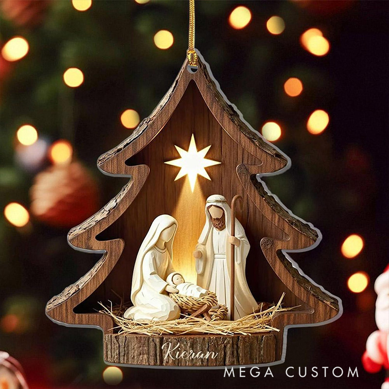 Personalized Nativity Scene Christmas Tree Acrylic Christian Ornament with Family Name Holiday Tree Decor Religious Gift Christmas Gift for Christian