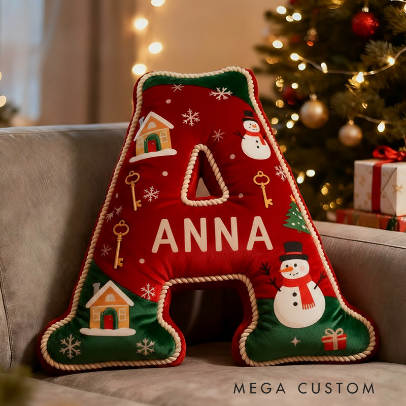 Personalized Christmas Initial Pillow Graphic 3D Print Custom Name Pillow Holiday Gift Cozy Home Accent Soft Cushion Gift for Kids Family