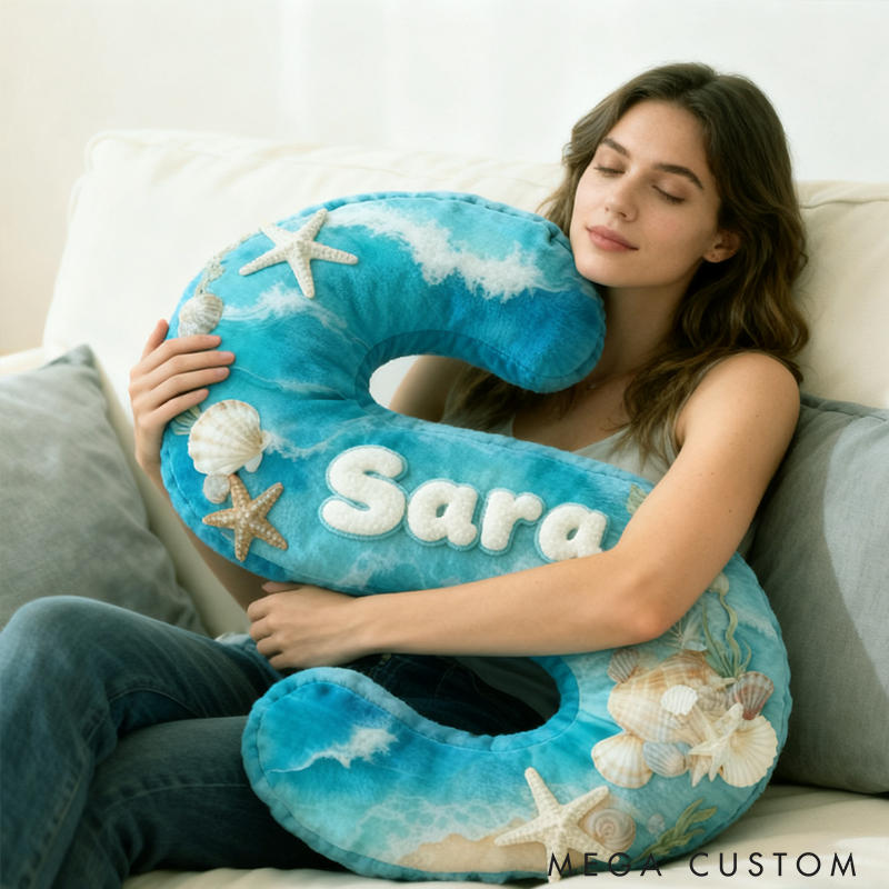 Personalized Seaglass Style Initial Pillow Custom Ocean Style Letter Pillow 3D Graphic Print Home Decor Throw Pillow for Girl Friend Beach Keepsake Pillow