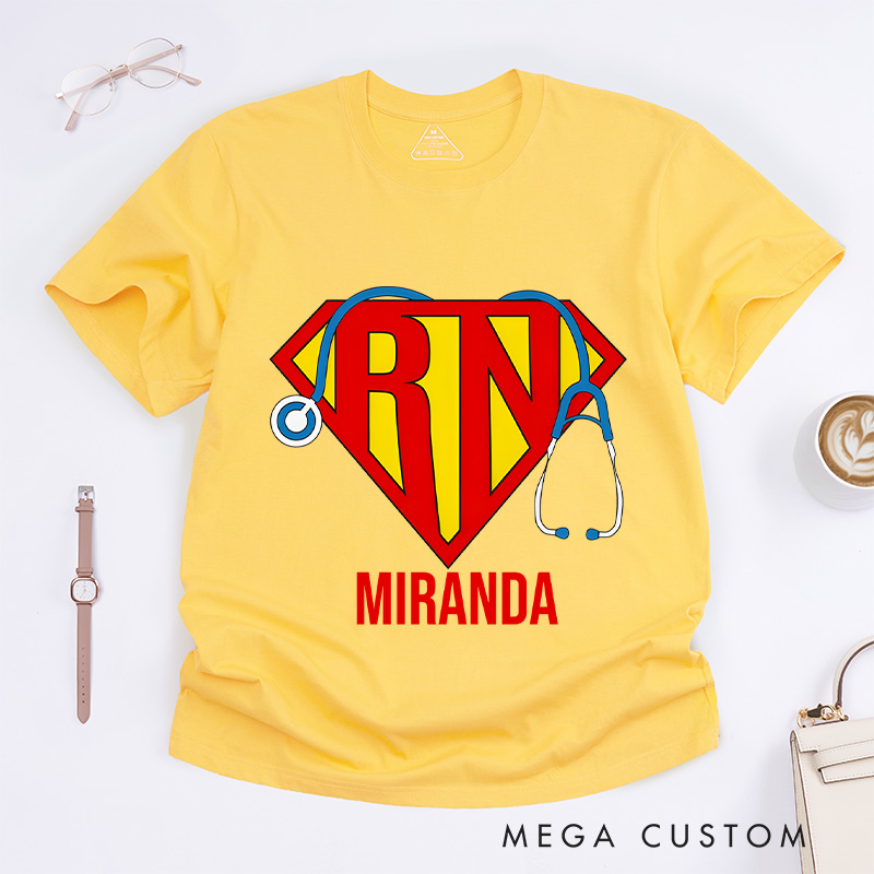 Personalized Nurse T-Shirts Super RN Hero Shield Fashion Design T-Shirts