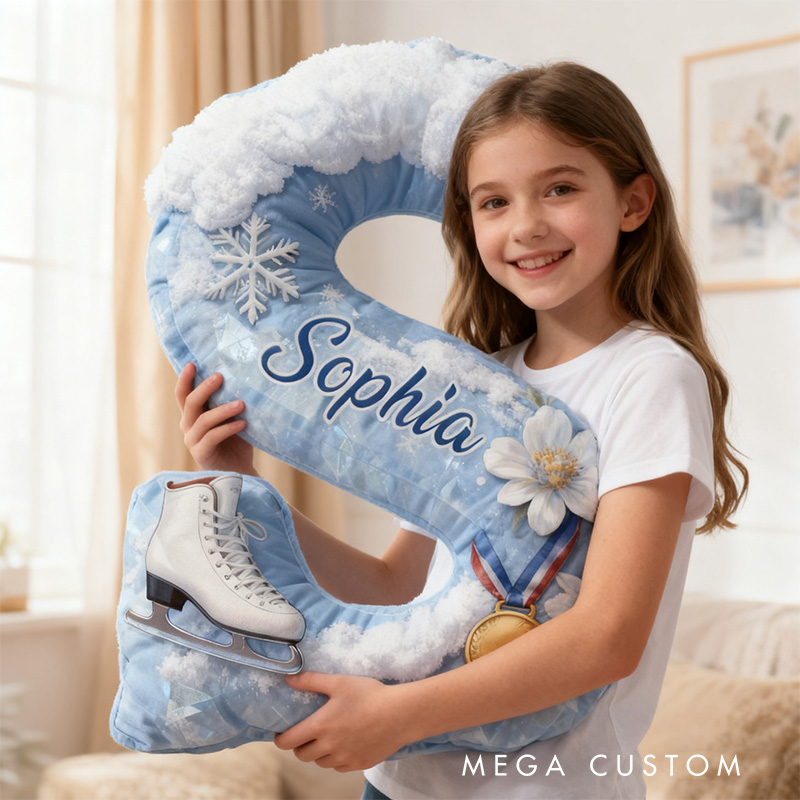 Personalized Graphic 3D Print Snowy Ice Skating Alphabet Shaped Pillow for Ice Skate Lovers Initial Pillow Christmas Gift for Kids