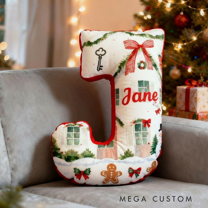 Personalized Initial Pillow Custom Name Christmas House Pillow Holiday Gift Cozy Home Soft Cushion Gift for Kids Family Housewarming Gift