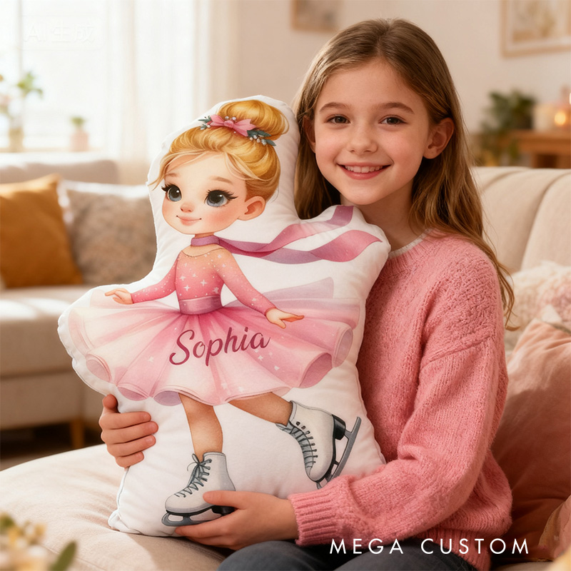 Personalized Graphic 3D Print Ice Skating Pink Girl Shaped Pillow for Ice Skate Lovers Pillow Christmas Gift for Kids