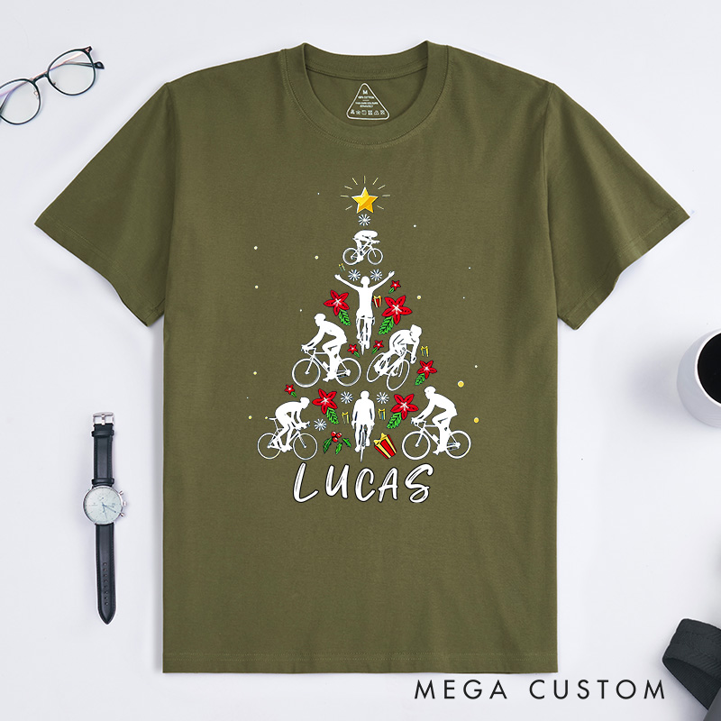 Personalized Classic T-shirt Christmas Tree Bicycle Bike Love Xmas Gift T shirt Funny Bicycle Christmas Sweatshirt Bike Riding Lover Gift Christmas Cyclist Shirt for Riding Lovers
