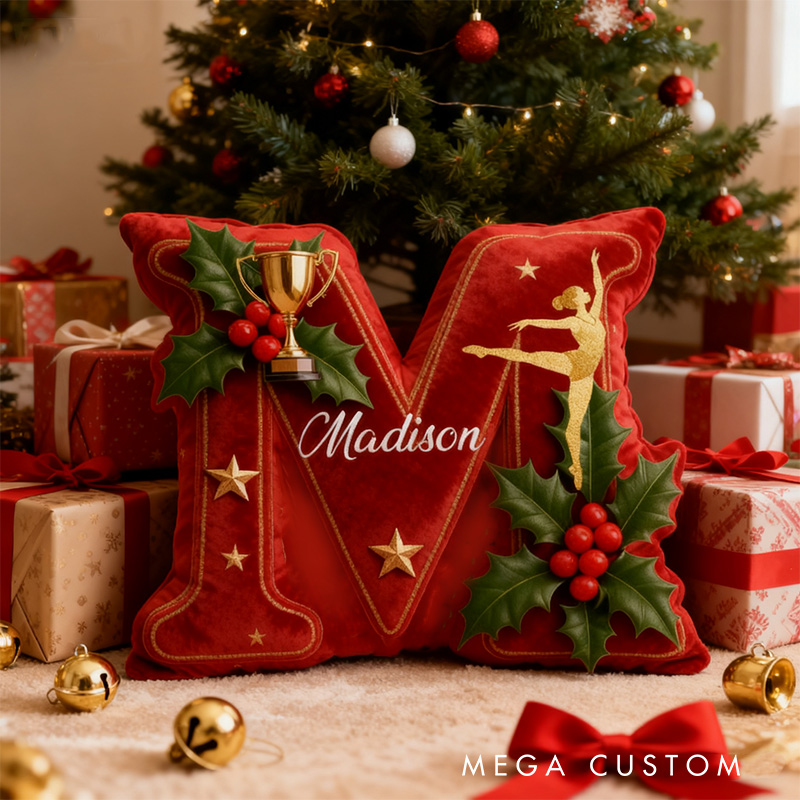 Personalized Graphic 3D Print Merry Christmas Gymnastic Alphabet Shaped Pillow for Gymnastic Lovers Initial Pillow Christmas Gift for Kids