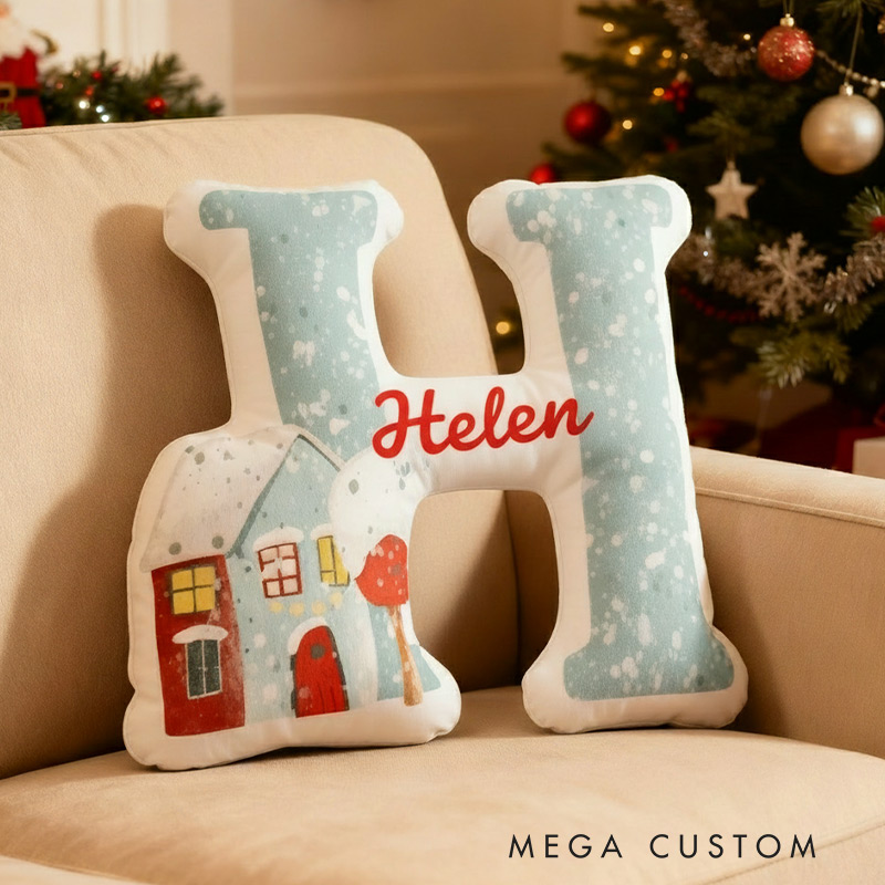 Personalized Initial Pillow with Winter Snowy Houses Custom Name Christmas House Pillow Gift for Kids Family Housewarming Gift
