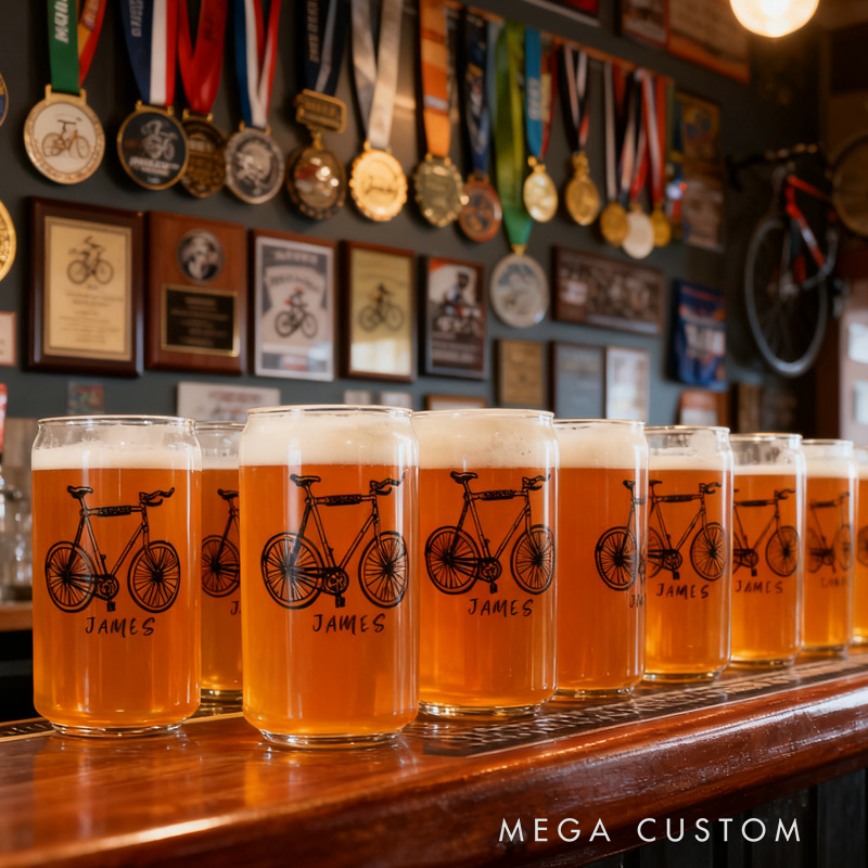 Personalized Bike Glass Bicycle Barware Screenprinted Pint Glass Beer Cycling Art Gift for Cyclists Biker Cycling Lovers