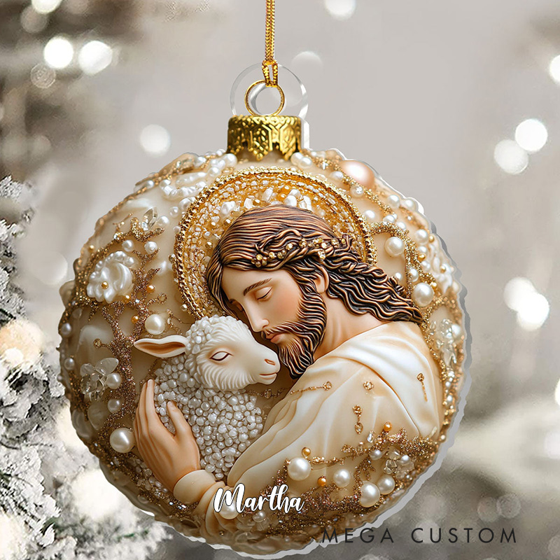 Personalized Jesus the Good Shepherd Acrylic Ornament with Name Jesus Embracing A Lamb Ornament Religious Christian Gift Faith Gift for Christmas