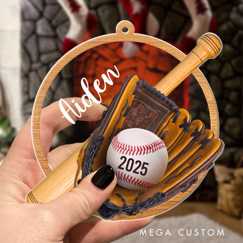 Personalized Baseball Christmas Ornament with Custom Name and Year Design